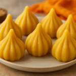 Freshly made golden Modak sweet for Ganesh Chaturthi festival recipe – traditional Indian prasad for Lord Ganesha
